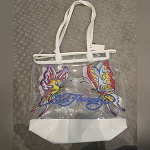Ed Hardy Clear Tote with Colorful Butterfly Design
